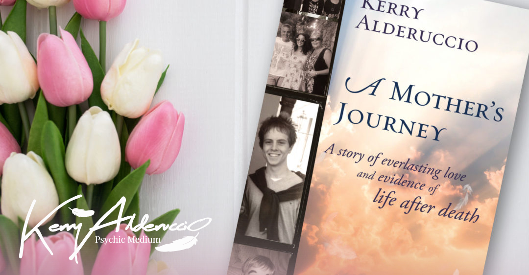 Kerry Alderuccio's book - A Mother's Journey photographed next to some beautiful flowers